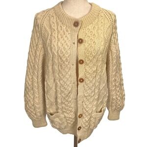 Tivoli Handknit Cardigan Womens Large Cream Cable Knit Irish Wool Sweater
